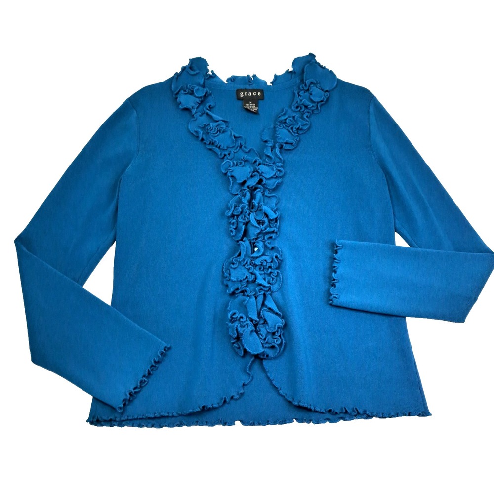 grace Ruffled Cardigan Sweater Women's M Teal Scalloped‎ Hem Coquette Feminine